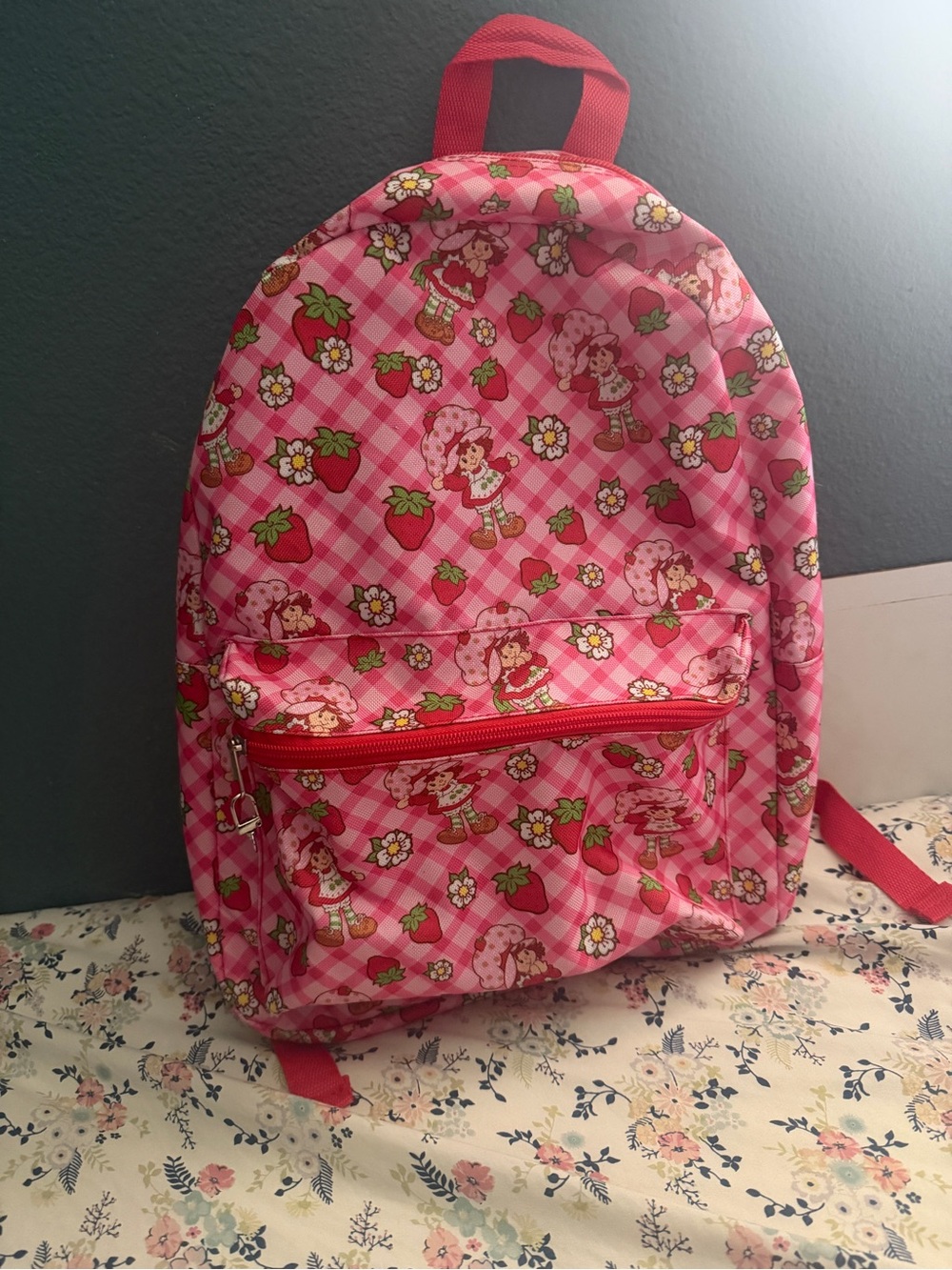 Pink Strawberry Print Kids Backpack with Front Zip Pocket